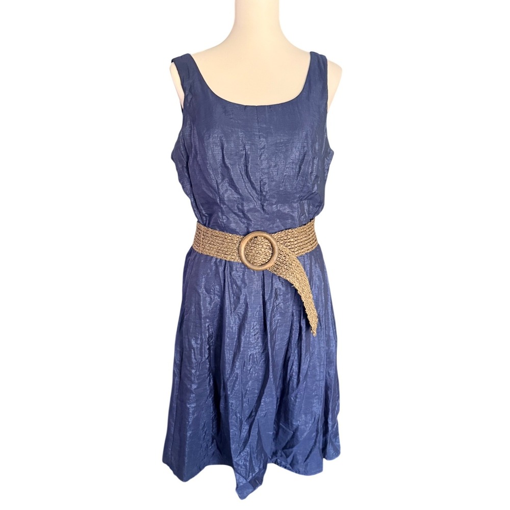 Tiana B Navy Blue Crinkle Textured Belted Fit and Flare Dress Size 12 Sleeveless